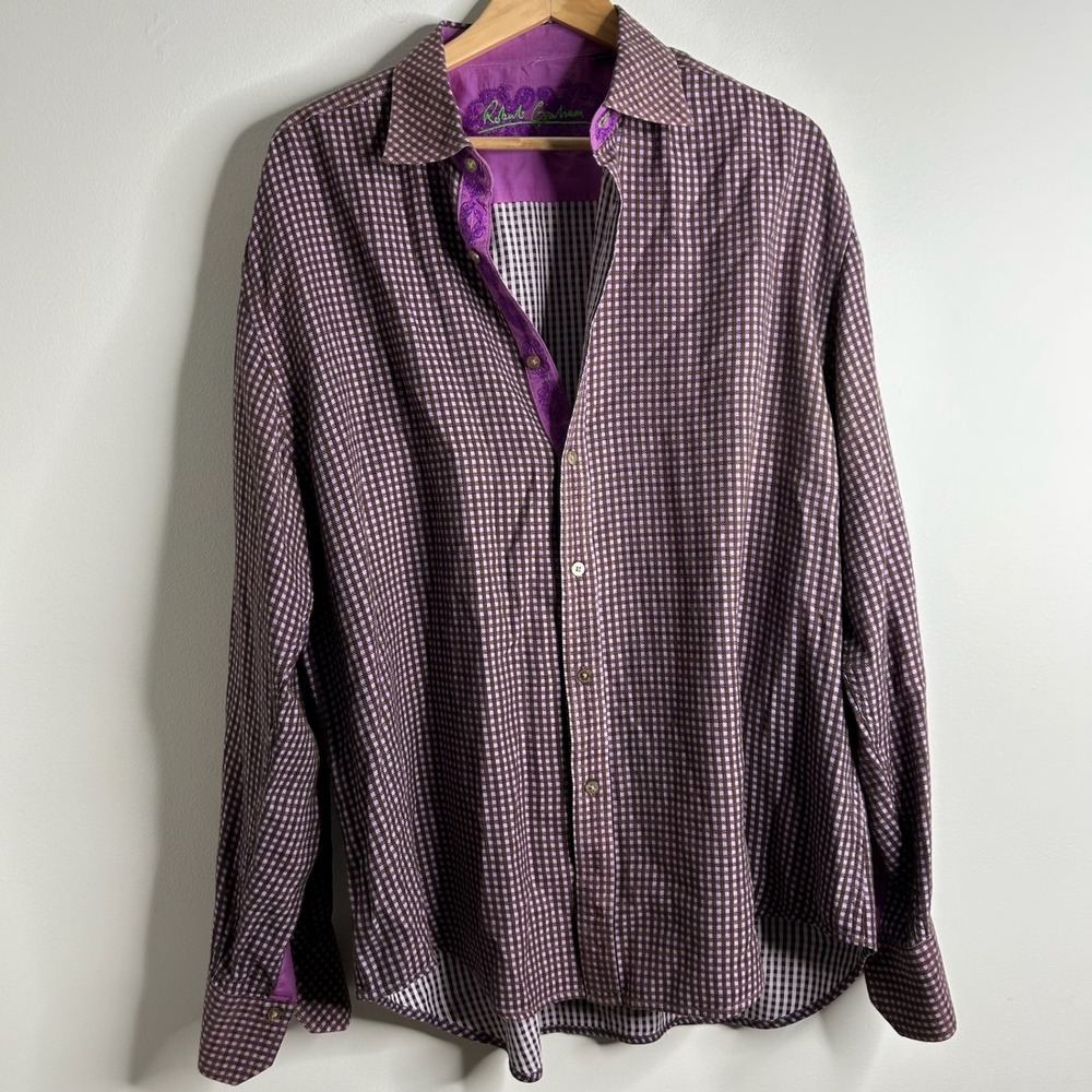 Robert Graham Men 2XL Purple Gingham Check Button Up Shirt Embroidered Flip Cuff